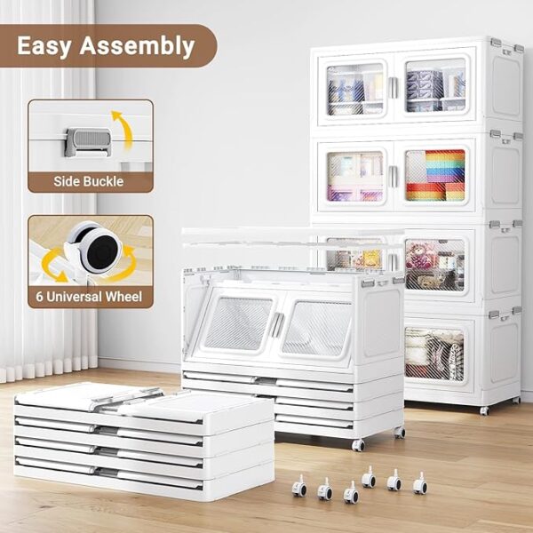 220Gal Extra Large Storage Bins with Lid, 880Qt Plastic Stackable Storage Bins with Wheels, Collapsible Closet Organizer and Storage Drawers, Storage Cabinets for Home, Office, 4 Pack, White - Image 3