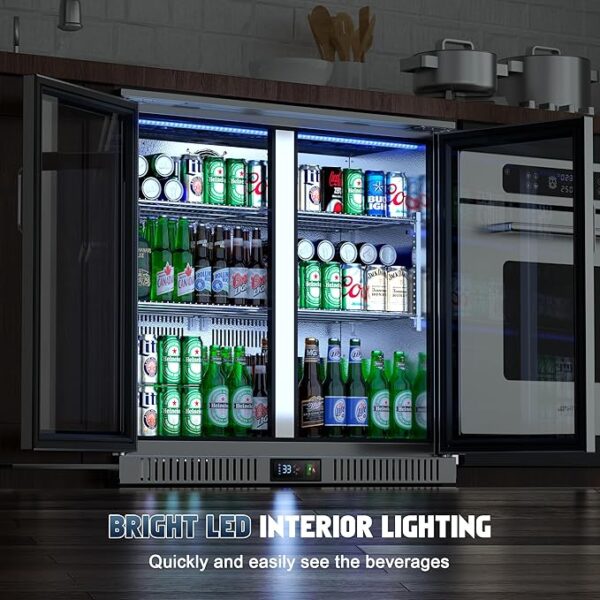 36 Inch Commercial Beverage Refrigerator, Stainless Steel Back Bar Cooler with Dual Glass Doors, Undercounter Beverage Display Fridge for Beer Soda Wine, ETL NSF Approved - Image 6