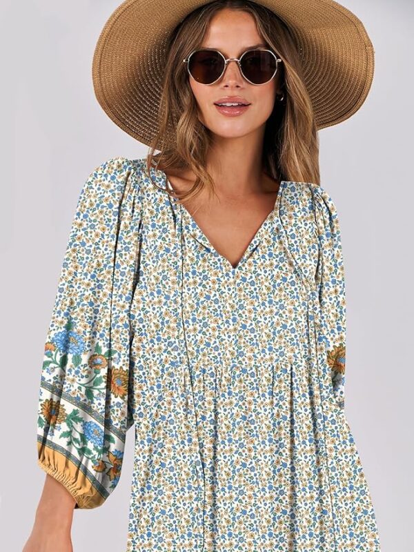 ANRABESS Womens Boho Maxi Dresses 2025 Summer V Neck Puff Sleeve Floral Flowy Swing Casual Long Dress - Image 3