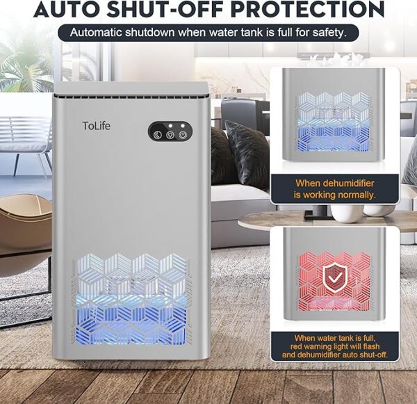 ToLife Dehumidifiers for Home 95 OZ Water Tank, 1000 sq.ft Dehumidifier for Basement Bedroom Bathroom with Auto Shut Off 7 Colors LED Light, Silver - Image 2