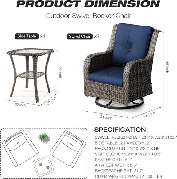 Joyside Outdoor Swivel Rocker Patio Chairs Set of 2 and Matching Side Table - 3 Piece Wicker Patio Bistro Set with Premium & Soft Fabric Cushions(Mixed Grey/Blue) - Image 2