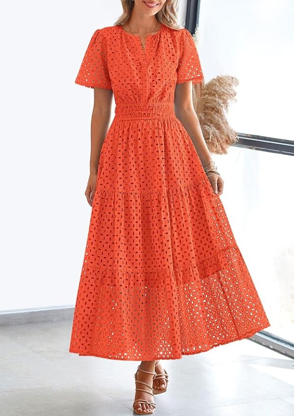 PRETTYGARDEN Womens 2025 Summer Maxi Dress Short Sleeve V Neck Hollow Out Eyelet A Line Long Flowy Beach Vacation Dresses - Image 6