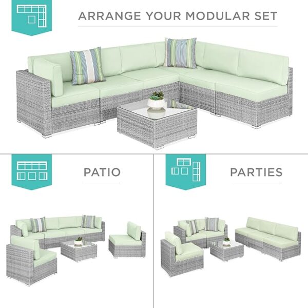 Best Choice Products 7-Piece Modular Outdoor Sectional Wicker Patio Conversation Set w/ 2 Pillows, Coffee Table, Cover Included - Gray/Light Mint - Image 4