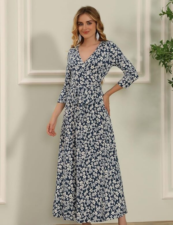 Aphratti Women's Maxi Dresses Summer 3/4 Sleeve V Neck Faux Wrap Flowy Spring Long Floral Maxi Dress - Image 5
