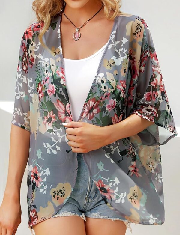 Women's Floral Print Puff Sleeve Kimono Cardigan Loose Cover Up Casual Blouse Tops - Image 6