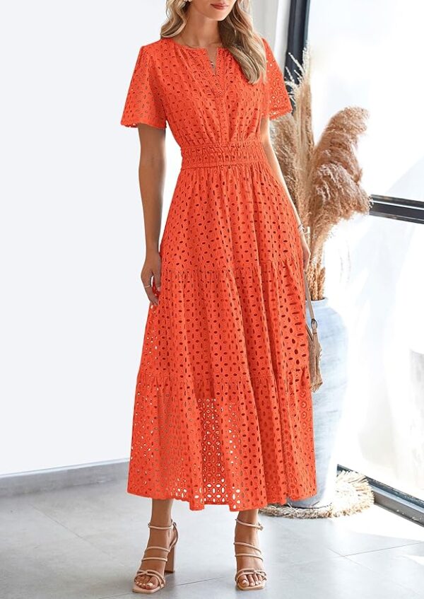 PRETTYGARDEN Womens 2025 Summer Maxi Dress Short Sleeve V Neck Hollow Out Eyelet A Line Long Flowy Beach Vacation Dresses - Image 5