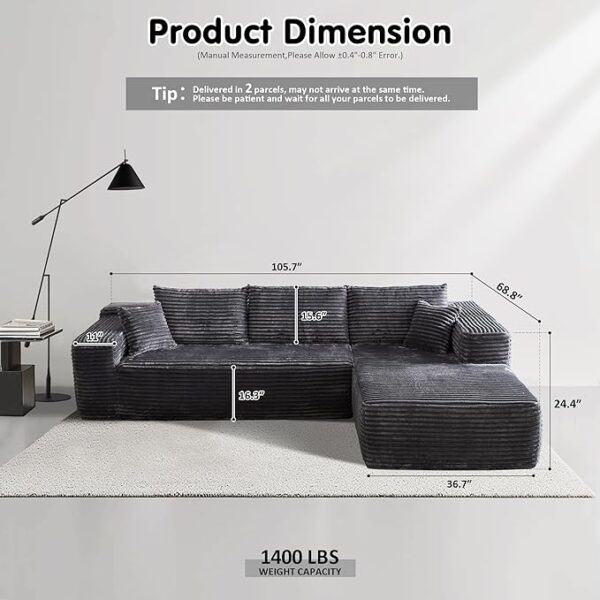 ovios 104" Cloud Sectional Couch with L-Shape Chaise,Modern Modular Sofa with Deep Seat, Upholstered Couches for Living Room Bedroom,No Assembly Required, Grey (Plush Corduroy Fabric) - Image 4