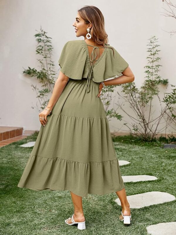 Amegoya Women's Casual Short Sleeve V Neck Floral Maxi Dresses Boho Beach Photoshoot Flowy Ruffle Long Dress - Image 3