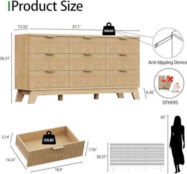Fluted Dresser for Bedroom with 9 Drawers, 57" Wide Modern Chest of Drawers with Metal Handle, Wooden Dresser TV Stand, Wood Closet Clothes Storage Organizer for Living Room, Hallway, Natural Oak - Image 3