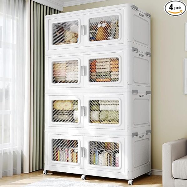 220Gal Extra Large Storage Bins with Lid, 880Qt Plastic Stackable Storage Bins with Wheels, Collapsible Closet Organizer and Storage Drawers, Storage Cabinets for Home, Office, 4 Pack, White