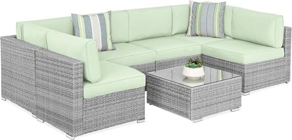 Best Choice Products 7-Piece Modular Outdoor Sectional Wicker Patio Conversation Set w/ 2 Pillows, Coffee Table, Cover Included - Gray/Light Mint