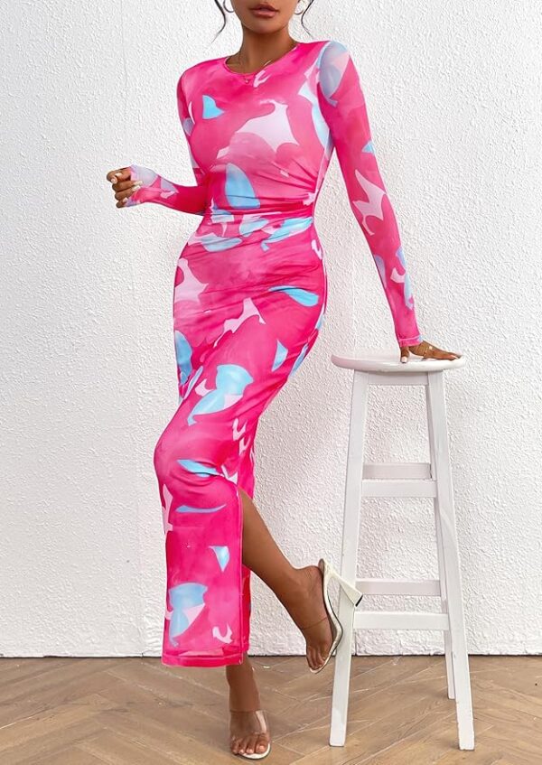 PRETTYGARDEN Women's Bodycon Maxi Dress Fall Spring Fashion Long Sleeve Floral Print Tight Fitted Party Club Ruched Dresses - Image 5