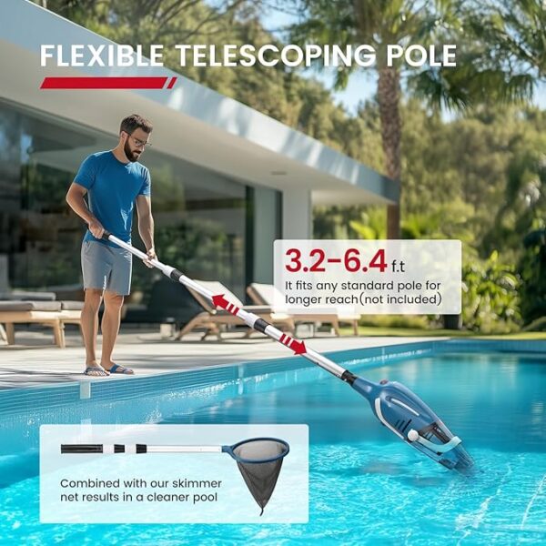 Pool Vacuum for Above Ground Pool, 2025 Upgraded Pool Vacuum with A Telescopic Pole, 18.5 Gal/Min Powerful Suction, 80Mins Runtime, Effortlessly Cleans Debris Underwater (Blue) - Image 5