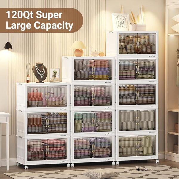 600 Qt Stackable Storage Bins with Lid, Plastic Closet Organizers and Storage Drawer, Collapsible Storage Box with Wheels, Folding Storage Cabinet for Closet Clothes Organization, 5Pack White - Image 4