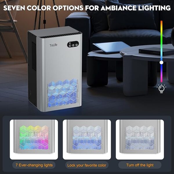ToLife Dehumidifiers for Home 95 OZ Water Tank, 1000 sq.ft Dehumidifier for Basement Bedroom Bathroom with Auto Shut Off 7 Colors LED Light, Silver - Image 3