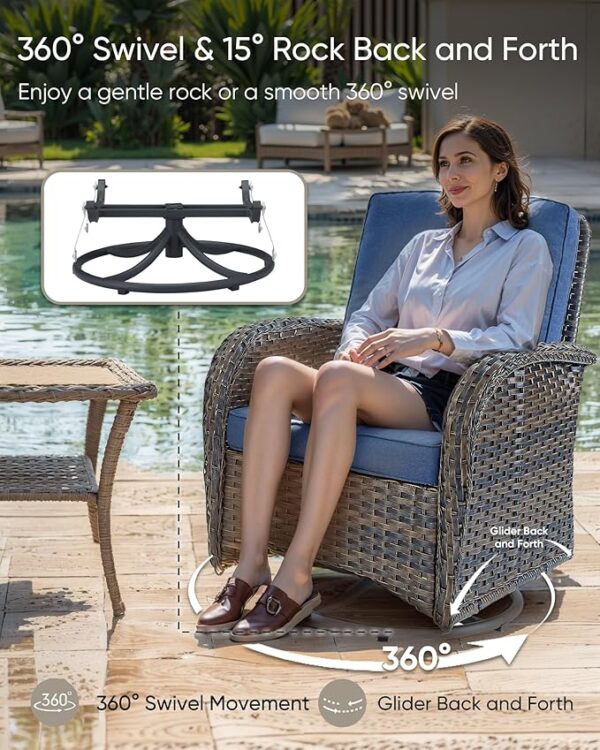 HUMMUH Outdoor Swivel Chairs,3 Pieces Patio Furniture Set with 360 Degree Wicker Swivel Rocking Chairs and Side Table for Garden,Porch,Backyard (Brown/Blue) - Image 2