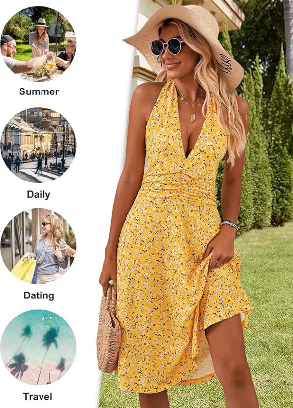HUHOT Women's Summer Sundress Sleeveless Halter Neck Spring 2025 Floral with Pocket Elastic Waist Ruffle Mini Dresses - Image 2
