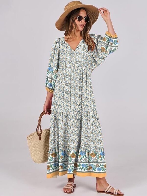 ANRABESS Womens Boho Maxi Dresses 2025 Summer V Neck Puff Sleeve Floral Flowy Swing Casual Long Dress - Image 4