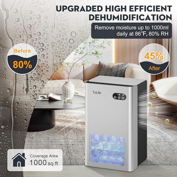 ToLife Dehumidifiers for Home 95 OZ Water Tank, 1000 sq.ft Dehumidifier for Basement Bedroom Bathroom with Auto Shut Off 7 Colors LED Light, Silver - Image 4