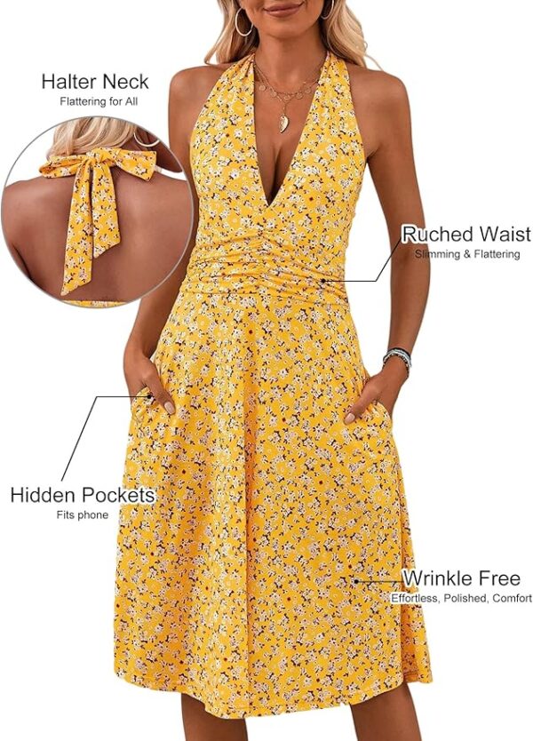 HUHOT Women's Summer Sundress Sleeveless Halter Neck Spring 2025 Floral with Pocket Elastic Waist Ruffle Mini Dresses - Image 4