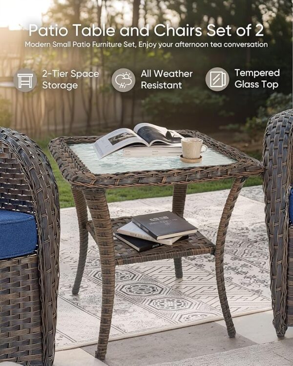 HUMMUH Outdoor Swivel Chairs,3 Pieces Patio Furniture Set with 360 Degree Wicker Swivel Rocking Chairs and Side Table for Garden,Porch,Backyard (Brown/Blue) - Image 3