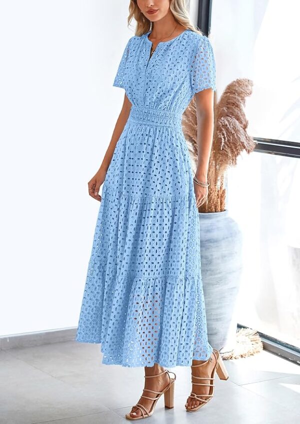 PRETTYGARDEN Womens 2025 Summer Maxi Dress Short Sleeve V Neck Hollow Out Eyelet A Line Long Flowy Beach Vacation Dresses - Image 5