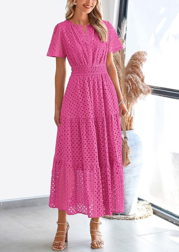 PRETTYGARDEN Womens 2025 Summer Maxi Dress Short Sleeve V Neck Hollow Out Eyelet A Line Long Flowy Beach Vacation Dresses - Image 3