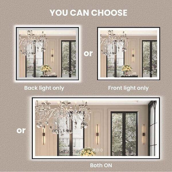 Amorho 60" X36" LED Bathroom Mirror with Black Frame, Front Light and Backlit(Controlled Separately), Stepless Dimmable, Anti-Fog, Shatter-Proof, 3 Colors, Memory - Image 4