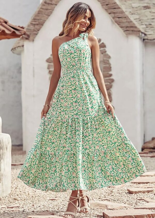 PRETTYGARDEN Women's Summer Floral One Shoulder Maxi Dress Knot Ruffle Boho Beach Vacation Wedding Guest Long Dresses - Image 3