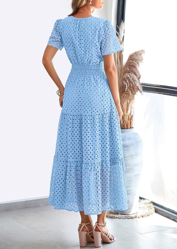 PRETTYGARDEN Womens 2025 Summer Maxi Dress Short Sleeve V Neck Hollow Out Eyelet A Line Long Flowy Beach Vacation Dresses - Image 3