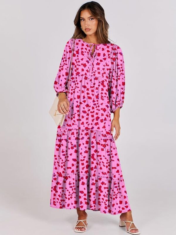 ANRABESS Womens Boho Maxi Dresses 2025 Summer V Neck Puff Sleeve Floral Flowy Swing Casual Long Dress - Image 4