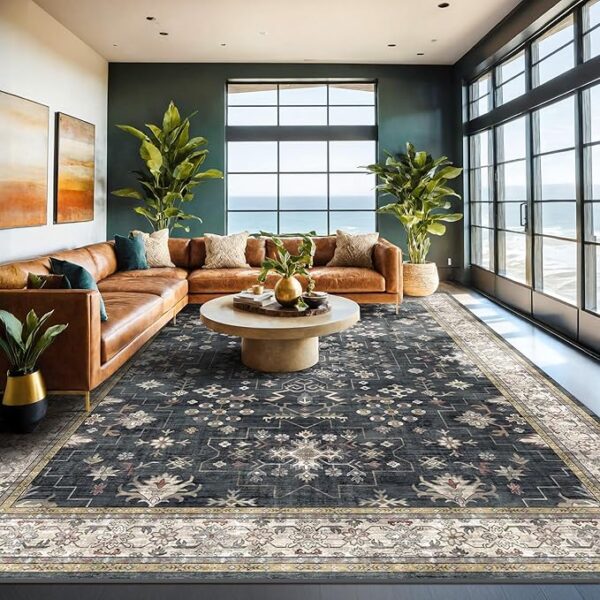 Boho Black Rug for Living Room - Washable 10x14 Area Rug, Dining Room Rugs for Under Table, Soft Low Pile Carpet for Large Bedroom - Farmhouse Decor, Non-Slip & Stain Resistance (10x14 Black/Multi) - Image 6