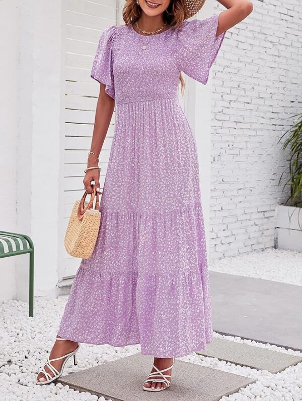 ZESICA Women's 2025 Summer Casual Floral Print Short Flutter Sleeve Crew Neck Smocked High Waist Flowy Maxi Dress - Image 5