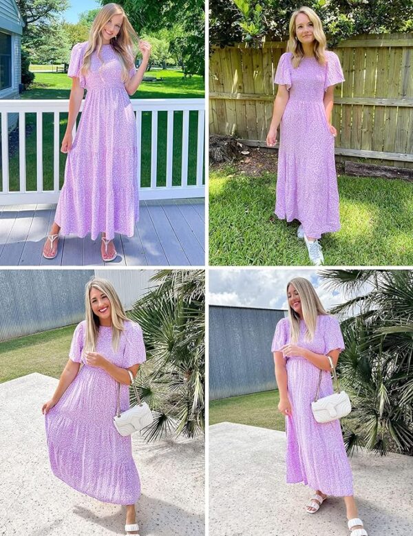 ZESICA Women's 2025 Summer Casual Floral Print Short Flutter Sleeve Crew Neck Smocked High Waist Flowy Maxi Dress - Image 6