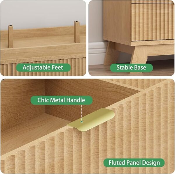 Fluted Dresser for Bedroom with 9 Drawers, 57" Wide Modern Chest of Drawers with Metal Handle, Wooden Dresser TV Stand, Wood Closet Clothes Storage Organizer for Living Room, Hallway, Natural Oak - Image 6