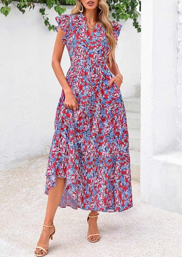 PRETTYGARDEN Women's 2025 Summer Floral Midi Dress Cap Sleeve V Neck Ruffle Long Flowy Boho Casual Beach Vacation Dresses - Image 2