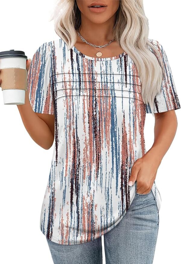 OFEEFAN Womens T Shirts Short Sleeve Tops Dressy Casual Blouses Spring Summer Outfits Flowy Pleated Front Scooped Neck - Image 2