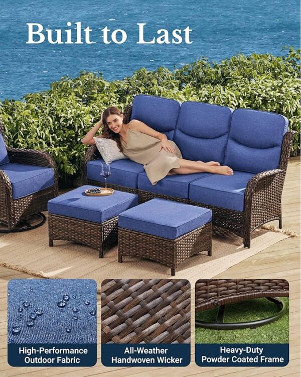 Luxury Patio Furniture Set with 6-inch Thick Cushion, Outdoor Couch and High Back Swivel Rocker Patio Chairs, 7PCS Wicker Conversation Set for Deck, Yard, and Poolside in Blue (V2) - Image 3