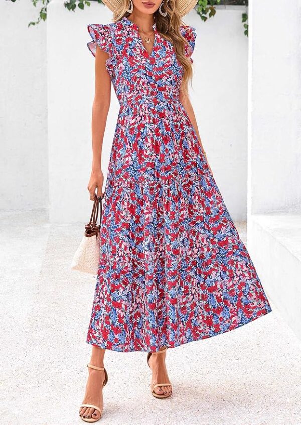 PRETTYGARDEN Women's 2025 Summer Floral Midi Dress Cap Sleeve V Neck Ruffle Long Flowy Boho Casual Beach Vacation Dresses - Image 3