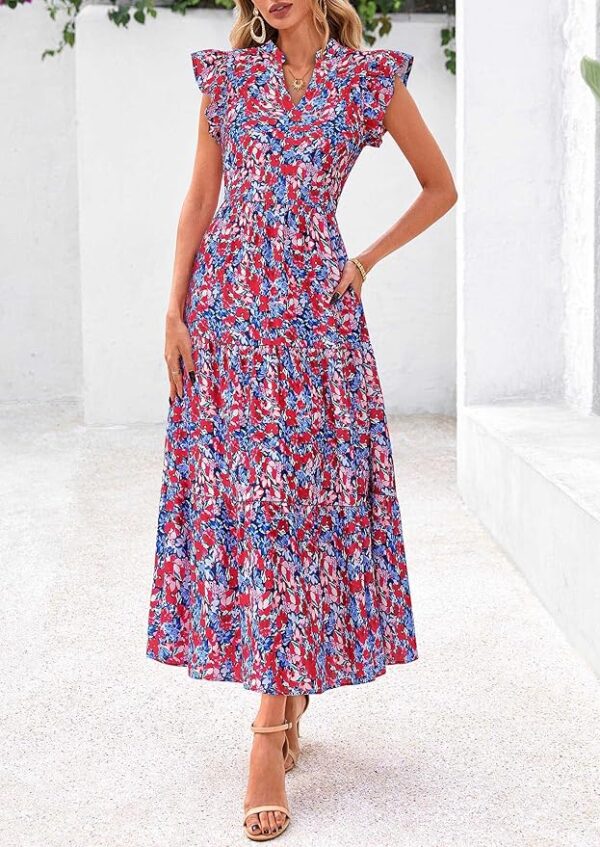 PRETTYGARDEN Women's 2025 Summer Floral Midi Dress Cap Sleeve V Neck Ruffle Long Flowy Boho Casual Beach Vacation Dresses - Image 4