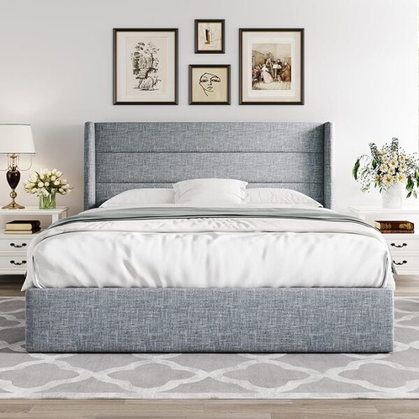 Allewie Full Size Lift Up Storage Bed, Modern Wingback Headboard, Hydraulic Support, No Box Spring Needed, Grey Blue - Image 4