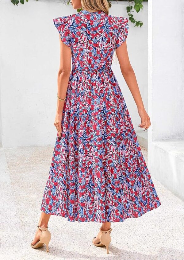 PRETTYGARDEN Women's 2025 Summer Floral Midi Dress Cap Sleeve V Neck Ruffle Long Flowy Boho Casual Beach Vacation Dresses - Image 6