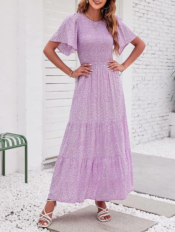 ZESICA Women's 2025 Summer Casual Floral Print Short Flutter Sleeve Crew Neck Smocked High Waist Flowy Maxi Dress - Image 3
