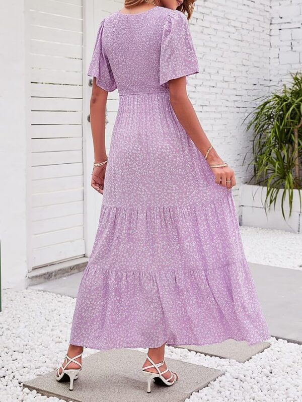 ZESICA Women's 2025 Summer Casual Floral Print Short Flutter Sleeve Crew Neck Smocked High Waist Flowy Maxi Dress - Image 4