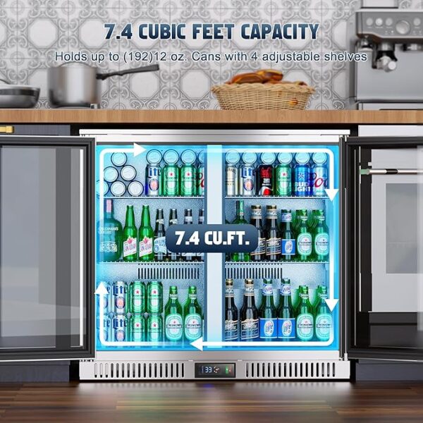 36 Inch Commercial Beverage Refrigerator, Stainless Steel Back Bar Cooler with Dual Glass Doors, Undercounter Beverage Display Fridge for Beer Soda Wine, ETL NSF Approved - Image 3