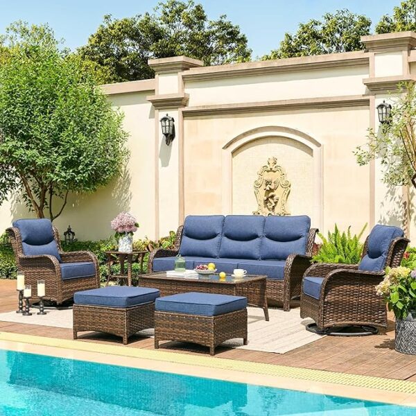 Luxury Patio Furniture Set with 6-inch Thick Cushion, Outdoor Couch and High Back Swivel Rocker Patio Chairs, 7PCS Wicker Conversation Set for Deck, Yard, and Poolside in Blue (V2)