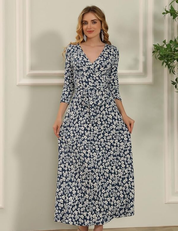 Aphratti Women's Maxi Dresses Summer 3/4 Sleeve V Neck Faux Wrap Flowy Spring Long Floral Maxi Dress - Image 6