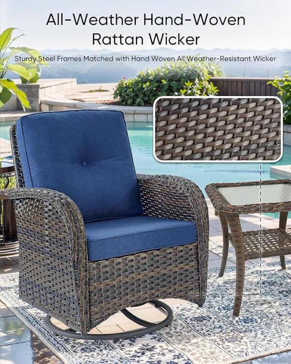 HUMMUH Outdoor Swivel Chairs,3 Pieces Patio Furniture Set with 360 Degree Wicker Swivel Rocking Chairs and Side Table for Garden,Porch,Backyard (Brown/Blue) - Image 4
