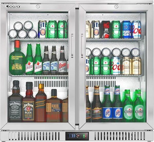 36 Inch Commercial Beverage Refrigerator, Stainless Steel Back Bar Cooler with Dual Glass Doors, Undercounter Beverage Display Fridge for Beer Soda Wine, ETL NSF Approved