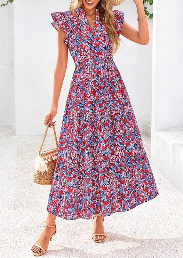 PRETTYGARDEN Women's 2025 Summer Floral Midi Dress Cap Sleeve V Neck Ruffle Long Flowy Boho Casual Beach Vacation Dresses - Image 5